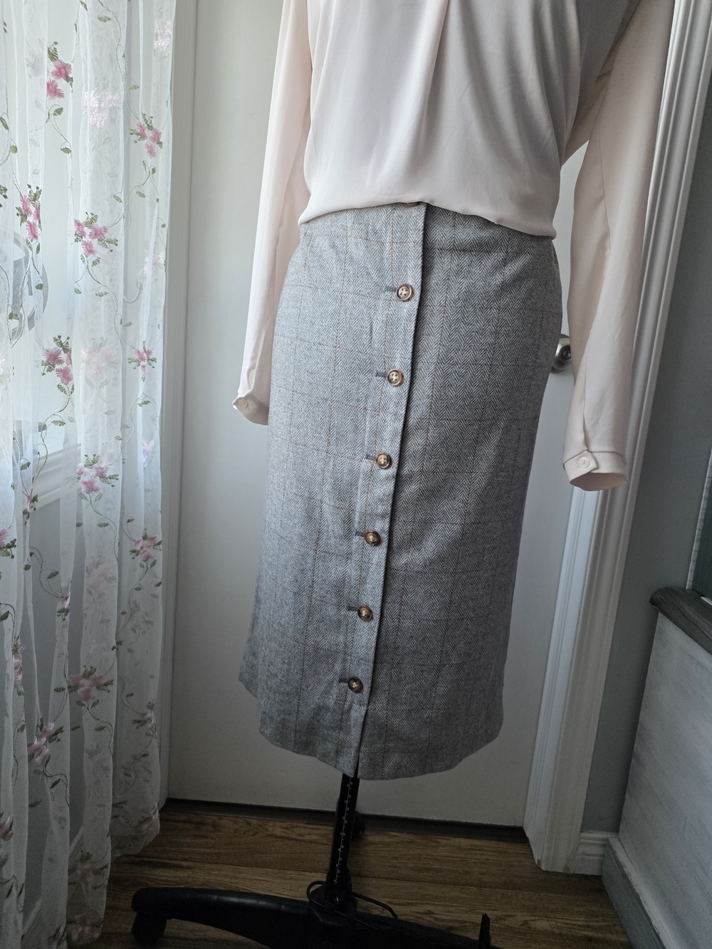Womens Herringbone Pattern Button Front Pencil Skirt